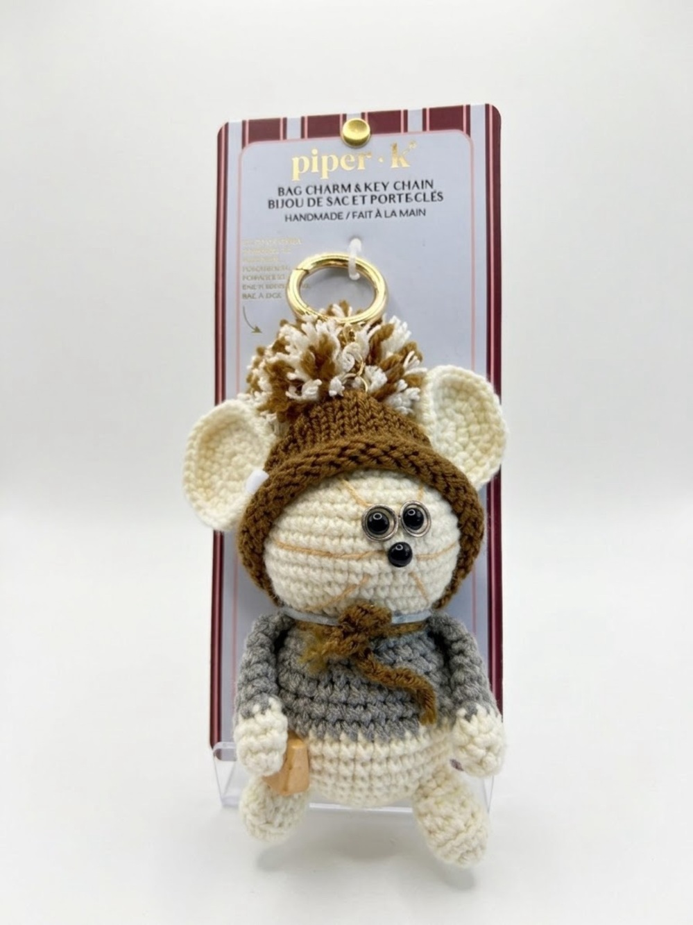 Piper Cream, Brown & Gray Crochet Mouse Bag Charm Keychain